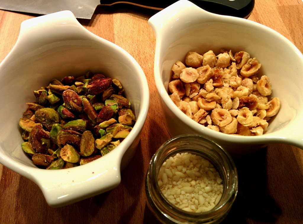 Roasted pistachios, hazelnuts and rice powder after grinding
