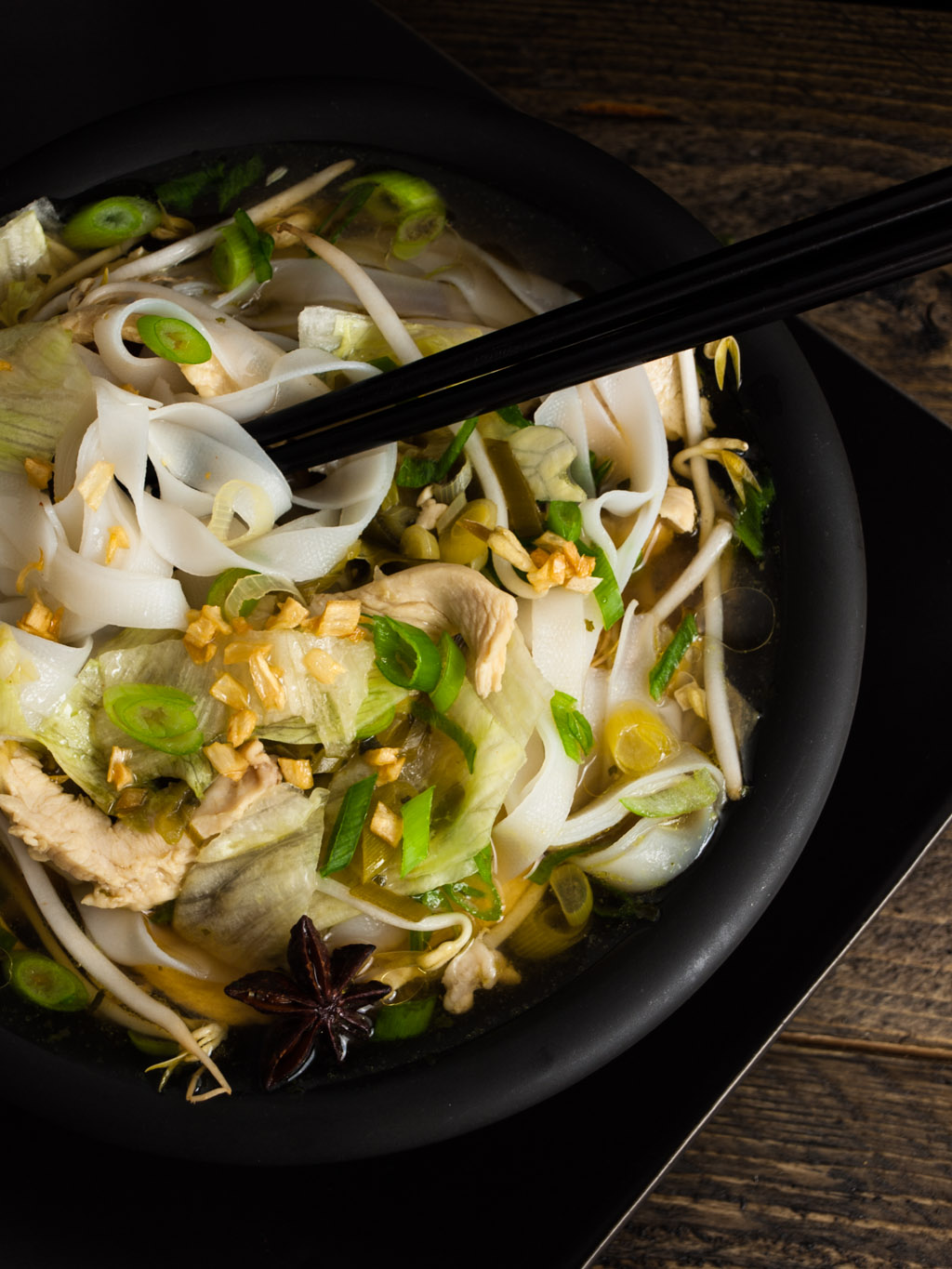 Thai ricenoodle soup with chicken and iceberg lettuce InJohnnysKitchen